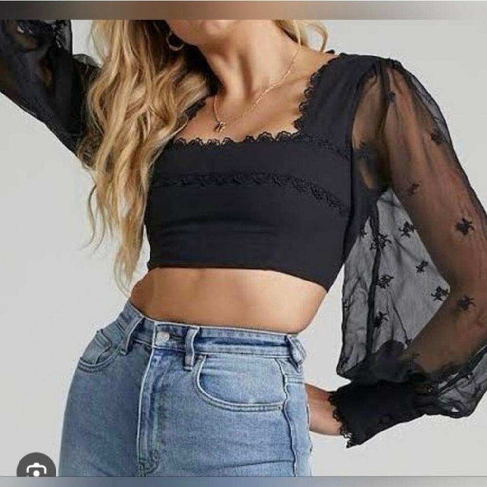 Seven Wonders Black Sheer Sleeve Crop Top size XL (US 10)